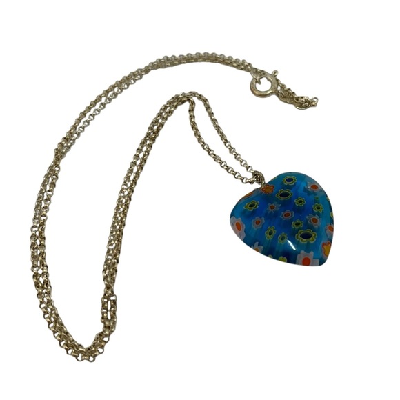 MILLEFIORI Blue Glass Heart Flower Pendant 1" w Sterling Silver 925 18" Chain - Picture 4 of 7